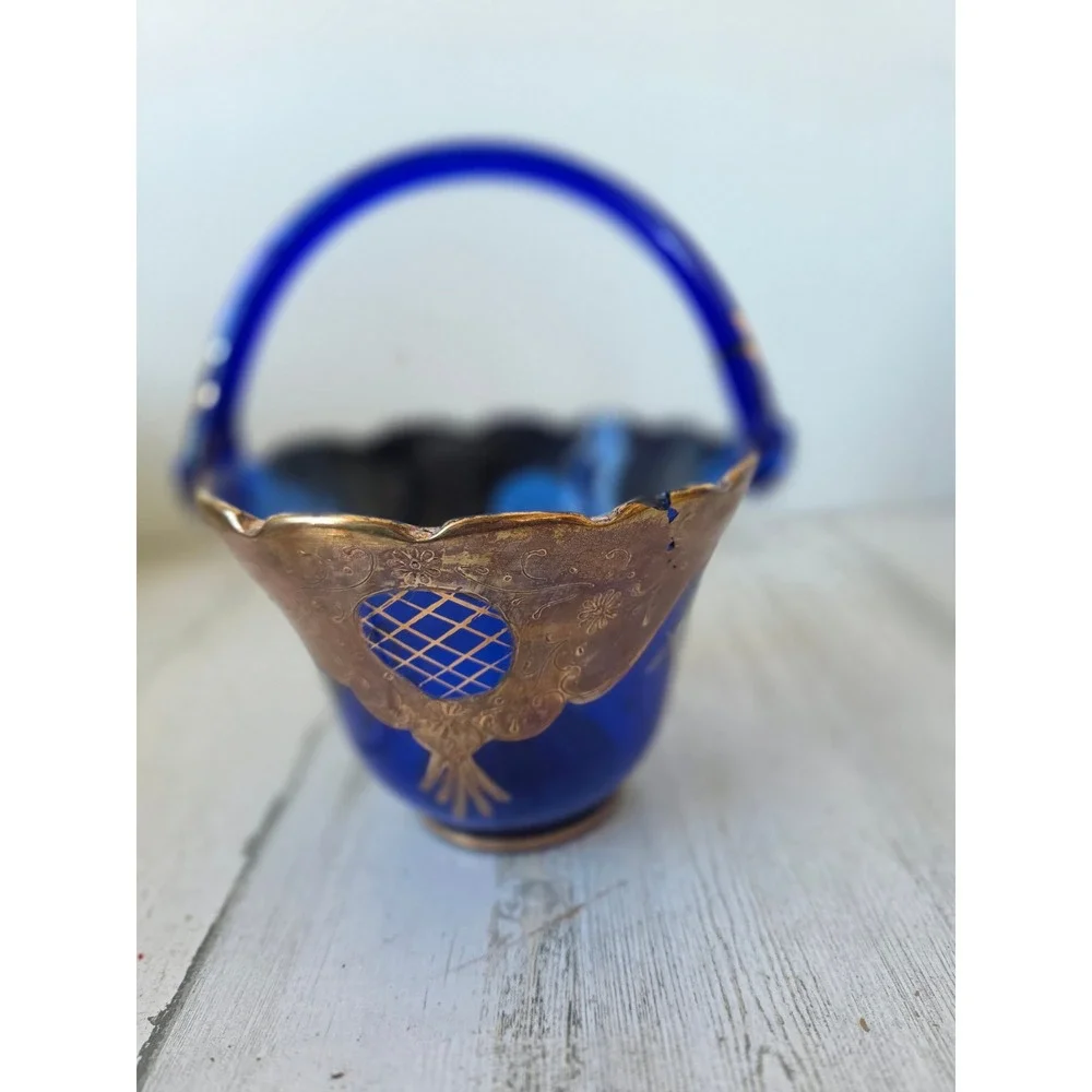 Vintage blue gold basket AS‎ IS bohemian cobalt decor glass